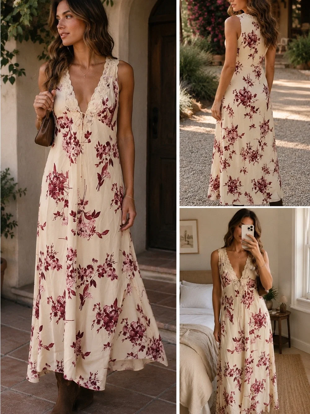 Abercrombie & Fitch Floral Lace Maxi Dress Cream Burgundy Romantic L Tall